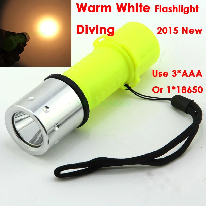 Goede Waterdichte XM T6 2000LM Warm Wit Geel Licht LED Zaklamp Duiken Onderwater Lamp Torch Gebruik 3 xAAA 18650 Batterij