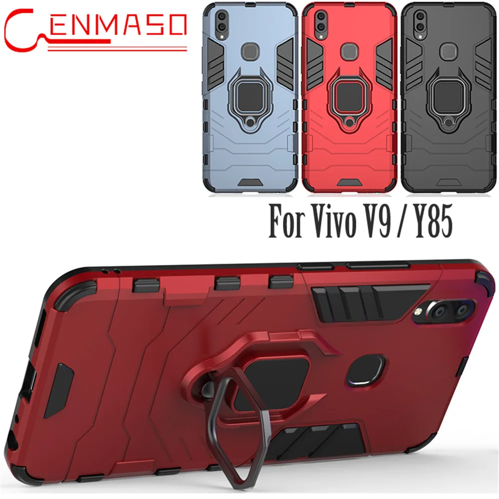

Vivo V9 Armor Case Soft Silicon Rubber + Hard PC Matte Back Phone Cover Vivo Y85 Case Cover Metal Finger Ring Stand Holder Funda