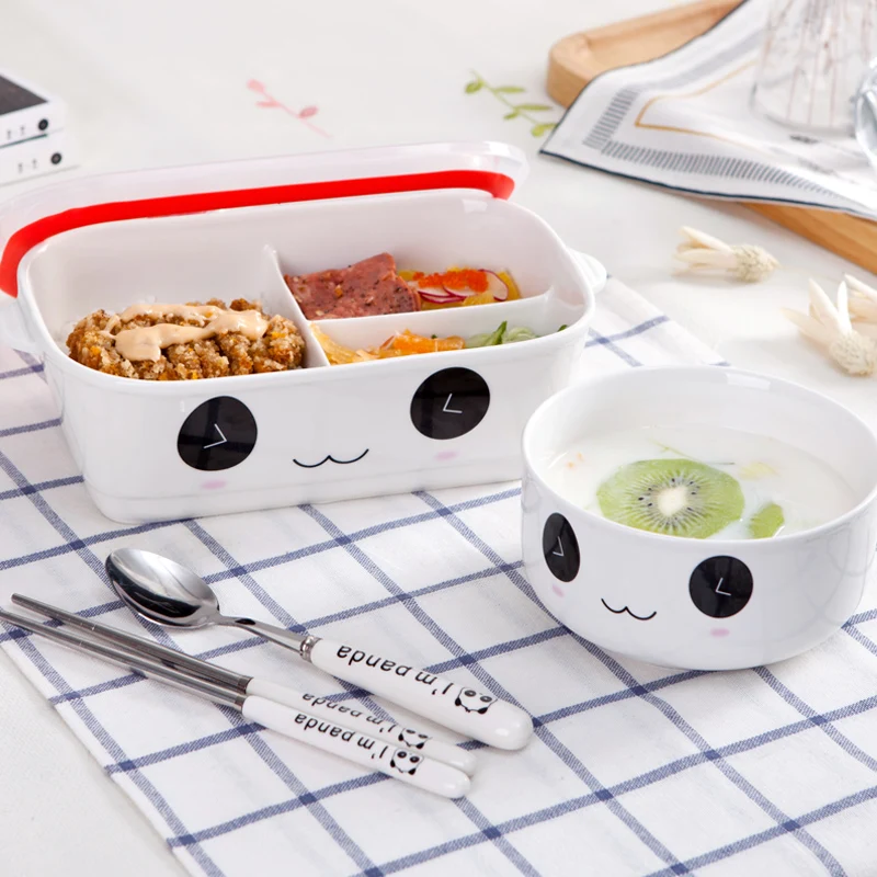 

2-3 Compartments Cartoon Animal Ceramic Lunch Box Procelain Bento LunchBox with spoon Portable Food Container Tableware-ZX0484