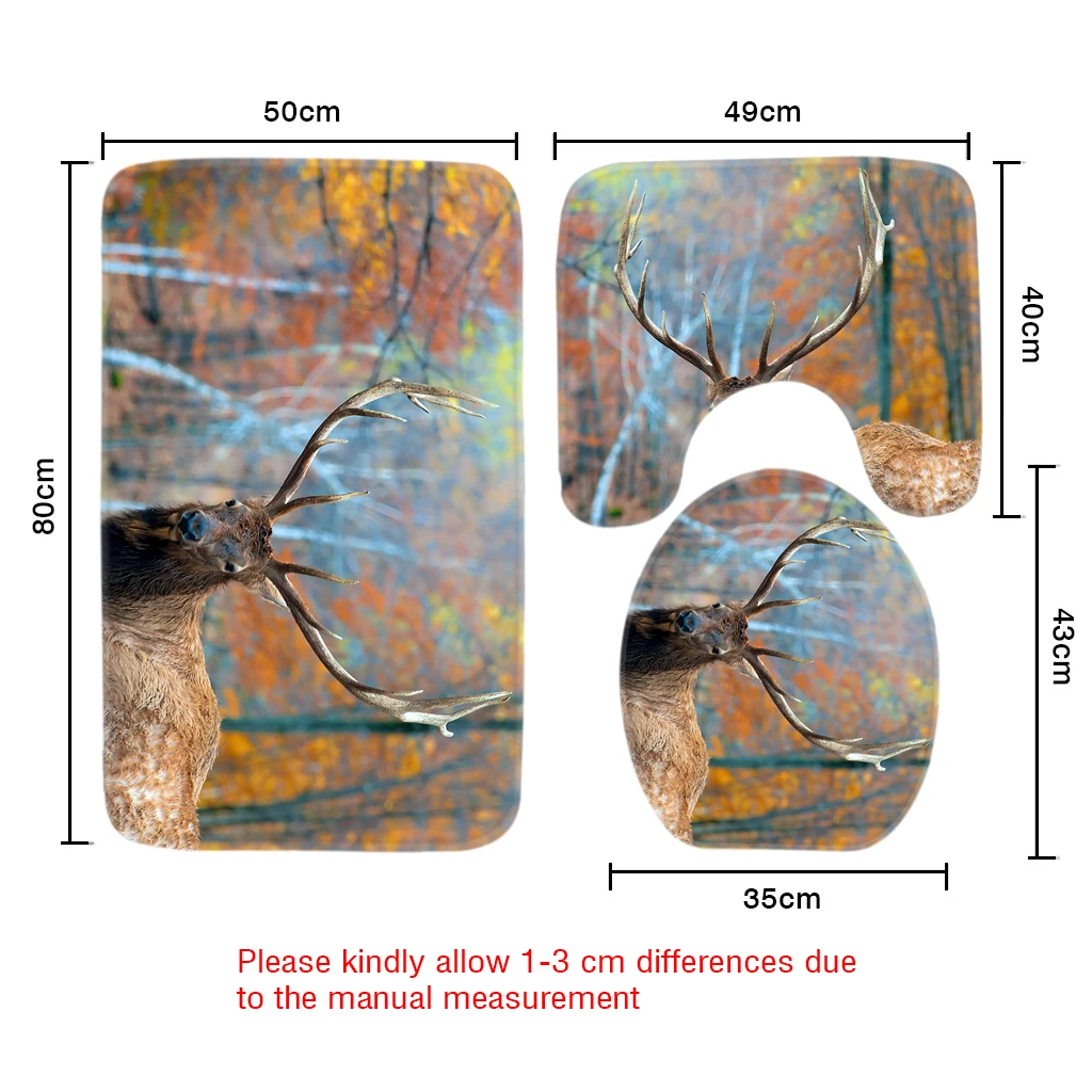 Комплект из 3 предметов, для ванной и туалета Комплект ковриков один олень лес узор нескользящий, для ванной коврик классический мультфильм Ванная комната набор ковриков