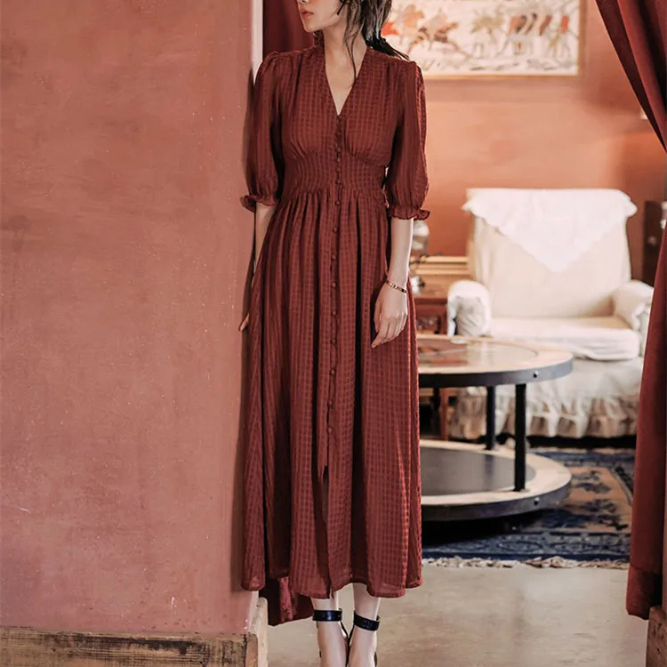 

Women Elegant Party Red Plaid Dress Summer Vintage Single-Breasted Midi Dress Chiffon Casual Cute Fashion Female Dress 2019 New