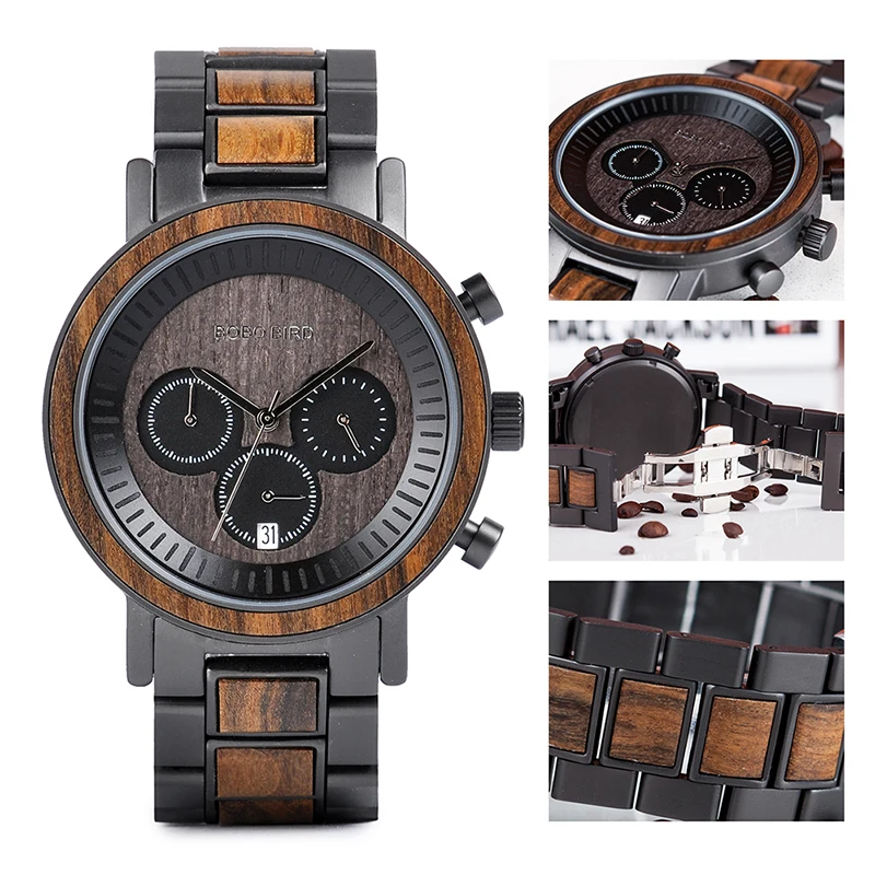  BOBO BIRD Stainless Steel Wooden Watch Chronograph Men Sport Waterproof Military Watches Relogio Ma