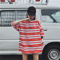 Футболки женские хип-хоп Уличная BF полосатая с круглым вырезом свободная, с коротким рукавом шикарная Женская футболка корейский стиль