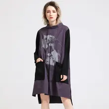 Осенняя длинная футболка женские толстовки контрастного цвета чехол с принтами воротник большого размера Асимметричные Длинные Топы Женский наряд vestido de festa