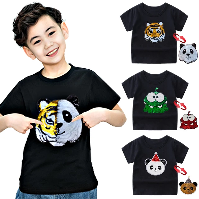 Panda Tiger Dinosaur Sequin Children T Shirt for Boys Tshirts Kids T Shirt Cartoon Print Summer Tops T-shirts for Baby Clothes 1