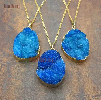 

Titanium Electroplated Blue Druzy Crystal Pendant Chains Gold Simple Long Link Chains Necklace Random Shape In 18 inch NM11142