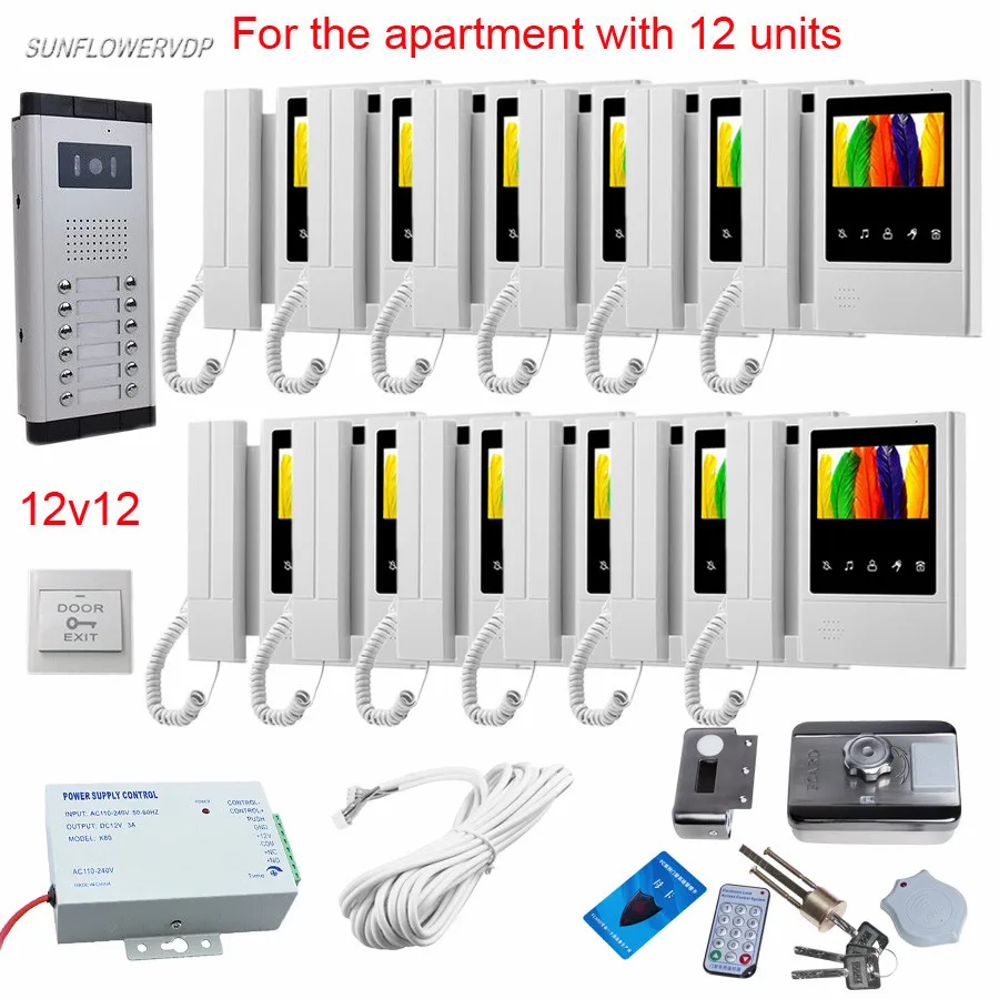 

12 Buttons Videophone Wired Portal 12 Pcs 4.3" Color Handle & Hands-free Home Phone+Rfid Card Electronic Lock Video Door Phone
