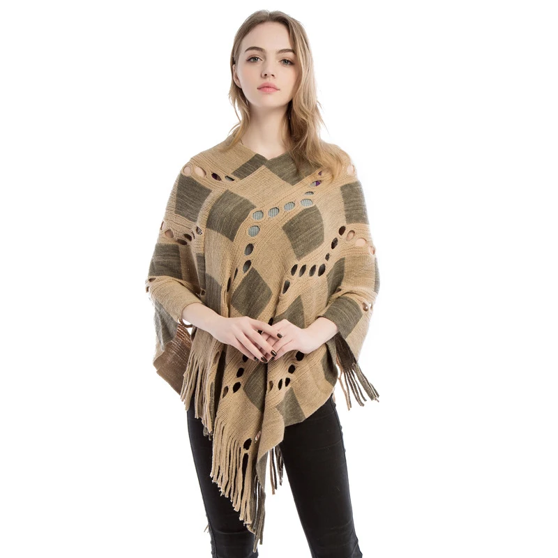 

Woman Casual Knitted Poncho And Caps Fashion Winter Warm Wool Poncho Plaid Pullover Plus Size Sweater Female Echarpe Pashmina