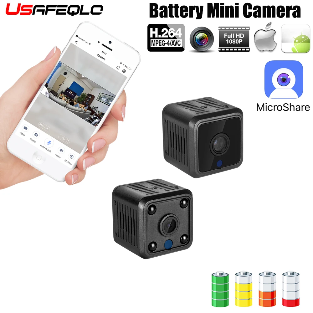 

Usafeqlo Mini Cam WIFI Camera FULL HD 1080P Night Vision Bulit in Li-battery Plastic Shell CMOS Sensor Recorder Camcorder