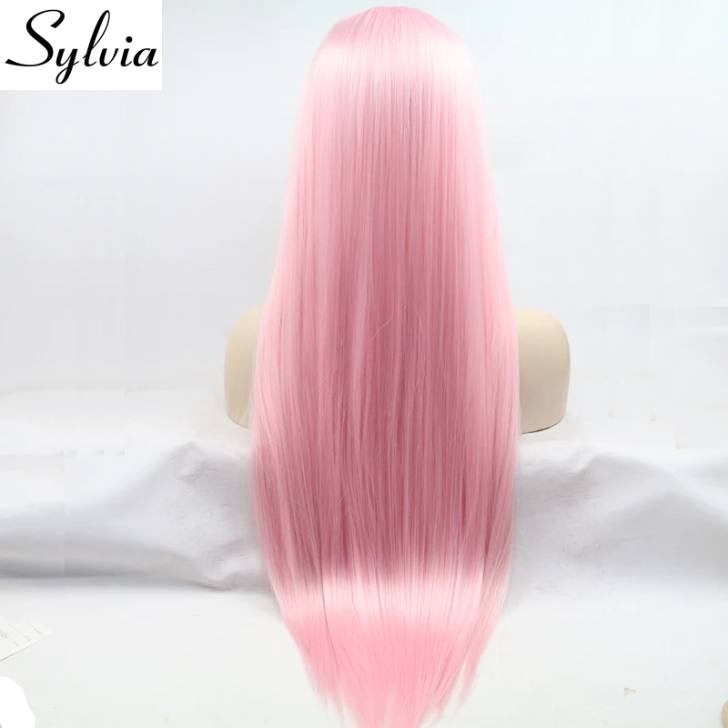 Sylvia натуральные розовые шелковистые прямые синтетические парики на шнурках спереди с средний пробор Безглютеновые термостойкие волокна волос для женщин