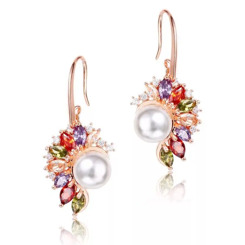 

MxGxFam Pearl Flowers Colorful Drop Earrings Jewelry For Women Rose Gold color Lead and Nickel Drop Shipping