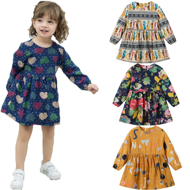 

2019 Children Girls Cute Flowers Print Long SleevSpring Autumn Pleated Dress Sweet O-Neck Cotton Princess Clothes For 1-6Y