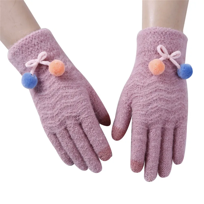 Pom Pom Fur Ball Womens Heated Cotton Gloves 2018 Winter Warm Knitted