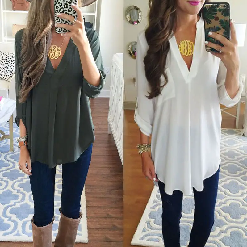 

New Stylish Women Casual Chiffon Long Sleeve Tops Shirt Ladies Loose V-Neck Shirt Blouse Tee Top Hot Sale