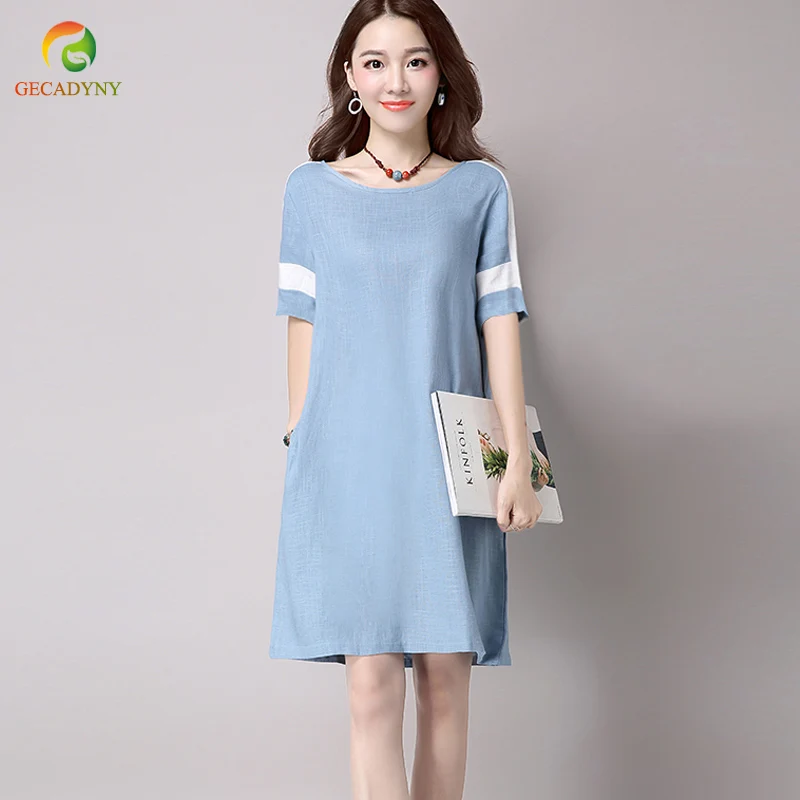 Comfortable Cotton Linen Stitch A Line Summer Dress Female 2019 O Neck ...