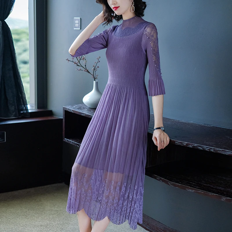 

Long Dress Woman Summer Beading Mesh Stitching A-Line Pleated Dress Lace Butterfly Sleeve Women Vintage Elegant Dress