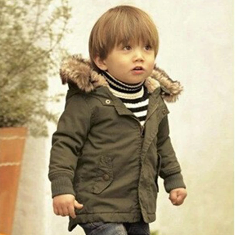 Baby Boys Winter Jacket in Army Green Thick Removable Fur Hooded Warm Coats Kids Boys Padded Winter Warm Outwear with Zipper