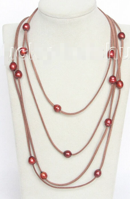 

FREE shipping>>>> length 86" 13mm Baroque wine red freshwater pearls khaki leather necklace j10580