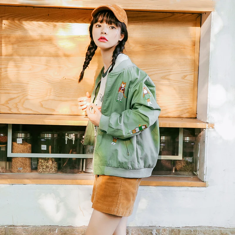 

Women short coat ladies Korean bomber jackets Green loose overcoat 2018 hot Kawaii Cartoon Coats bluee female ca