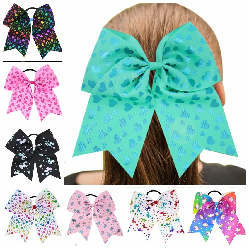 

8pcs/lot 7" cute ribbon JOJO Cheer Bows With Elastic Band Handmade girl Headwear Cheer Bow Elastic Hair Bands