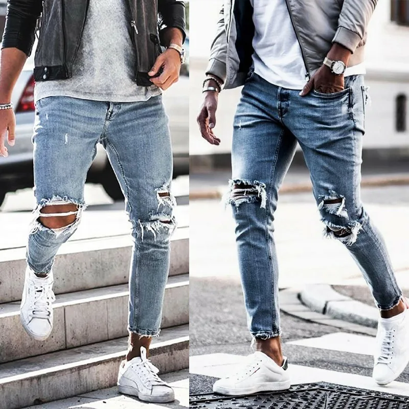 Новинка, мужские джинсы, стрейчевые, рваные, дизайн, модные, до колена, с дырками, обтягивающие джинсы для мужчин размера плюс, 3XL