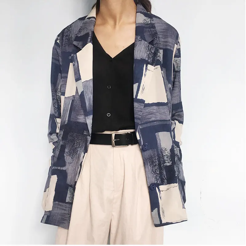 

HziriP Vintage Print Loose Retro 2019 Summer Lazy Style All Match New Office Ladies Fashion OL Thin All Match Women Blazers