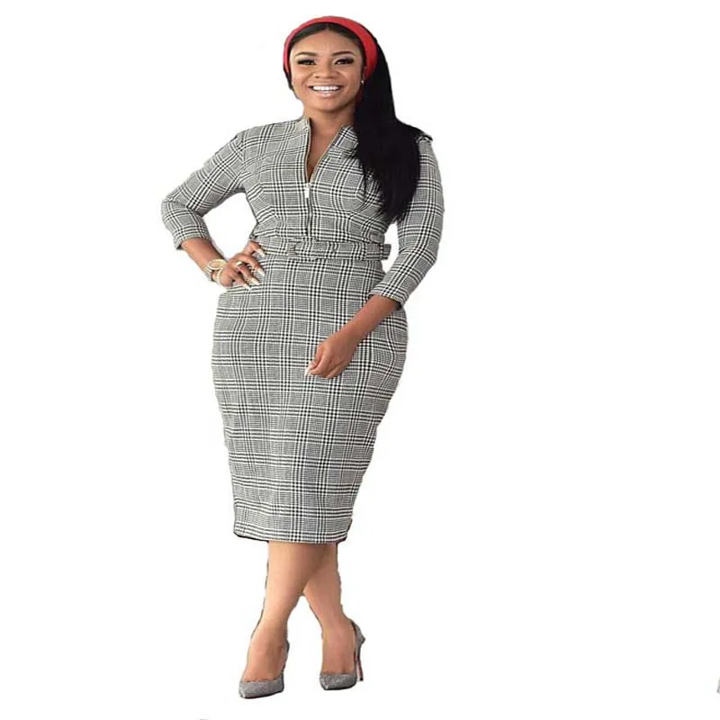 

2019 New Spring Plaid Printed Dress Women O-Neck Zipper High Waist Belt Pencil Dress Office Lady Bandage Bodycon Clothes