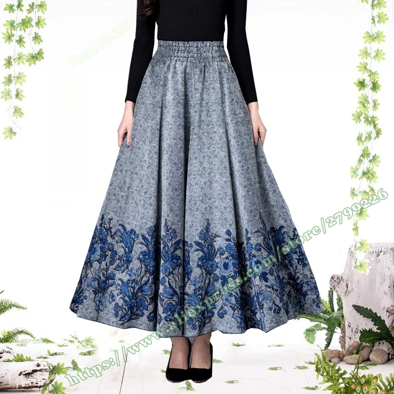 

2018 Plus Size 6xl Autumn Winter Retro Vintage Print Floral Pattern Cashmere Female Ladies Long Maxi Skirts Womens Clothing