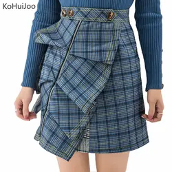 KoHuiJoo Модные клетчатые юбки для женщин для 2019 осень зима Англия Стиль Высокая талия Нерегулярные юбка оборками молния мини