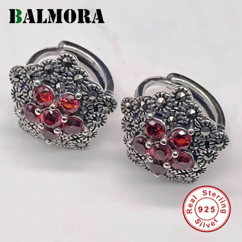 

BALMORA 100% Real 925 Sterling Silver Red Garnet Clip Earrings for Women Fashion Vintage Thai Silver Jewelry Aretes SLS30318
