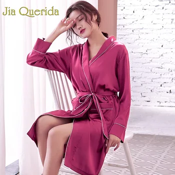 

Satin Night Robe Women Sexy Robe 2019 New Fashion Soft Satin Pyjama Robe Solid Luxury High Quality Brandy Satin Dressing Gown