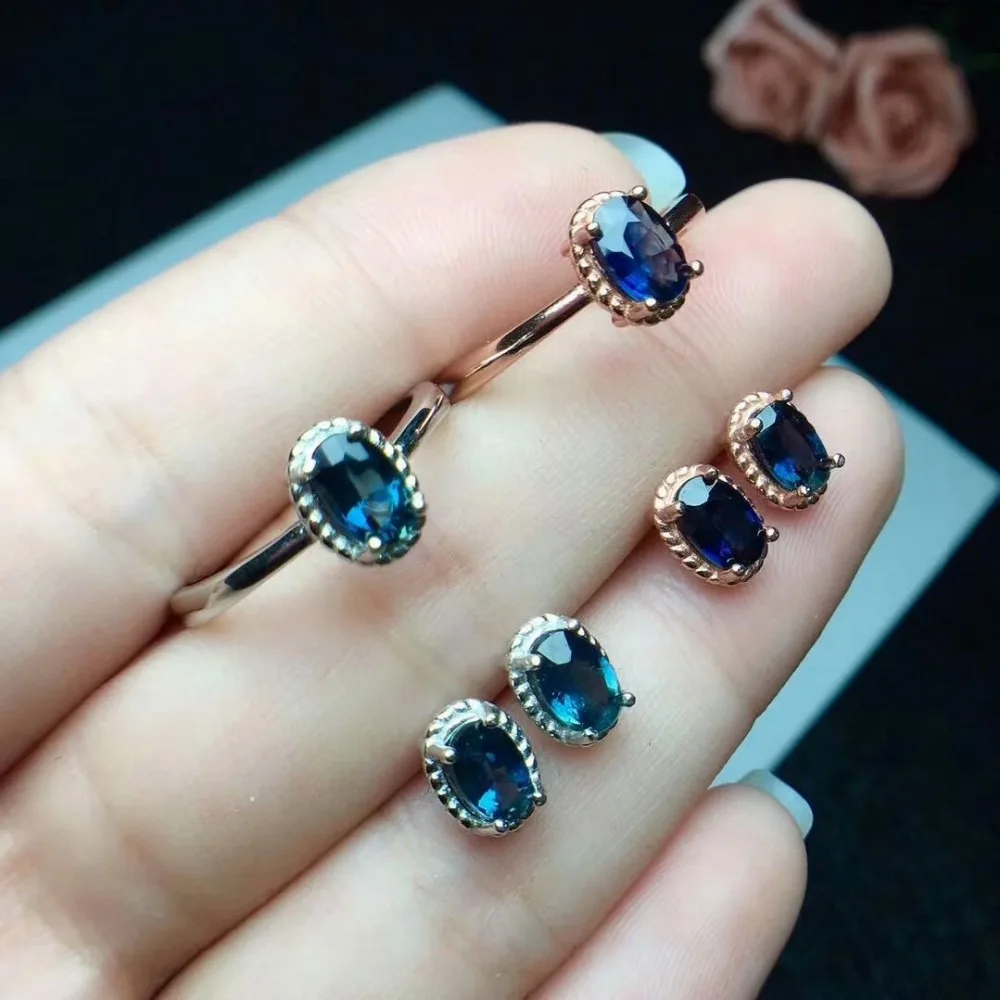 

shilovem 925 silver sterling natural sapphire stud earrings rings party fine Jewelry women 4*6mm trendy new cj040601agl