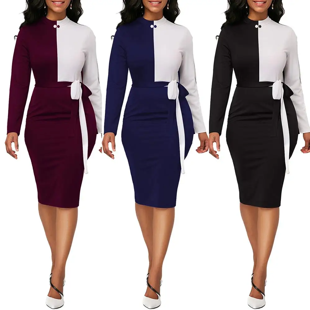 

Fadzeco Women Dashiki African Dresses Color Block Patchwork Long Sleeve Crewneck Bodycon Midi Dress Ethnic Elegant Pencil Dress