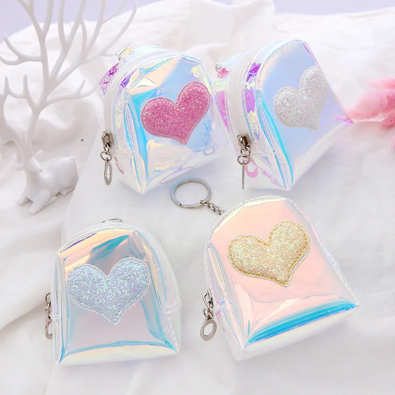 Random Color Flash Heart Coin Purse Laser Small Bag Holographic Women PVC Clear Handbag Girl Card Holder For Kids Purse Keychain