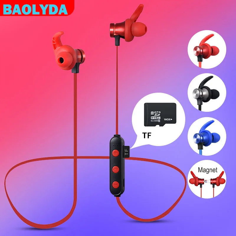 

Baolyda Sports Wireless Bluetooth 4.2 Earbuds Magnetic Attraction Headset Waterproof Earphone Build-in Mic Support TF card