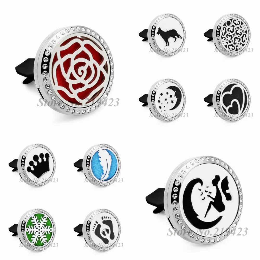 

New Arrival 30mm Stainless Steel Rhinestone Essential Oil Aromatherapy Perfume Locket Car Diffuser Locket Vent Clip 10pcs Pads