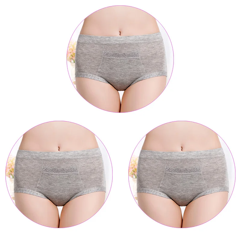 3 Pieces/Set Women Menstrual Panties High Waist Female Period Underwear Big Size Lengthen Physiological Leakproof Ladies Briefs - Цвет: 3Pcs-Gray