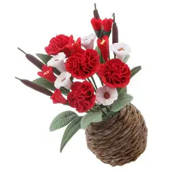 Кукольный домик миниатюрная глина китайская роза цветы в горшок из ротанга кашпо Фея Сад принадлежности для растений 1:12 весы красный и