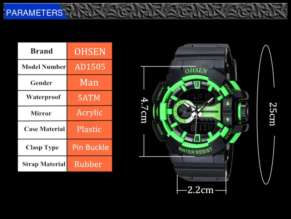 OHSEN Спортивные Брендовые мужские спортивные часы цифровые светодиодные спортивные наручные часы 50 м водонепроницаемые мужские часы для мужчин s кварцевые часы
