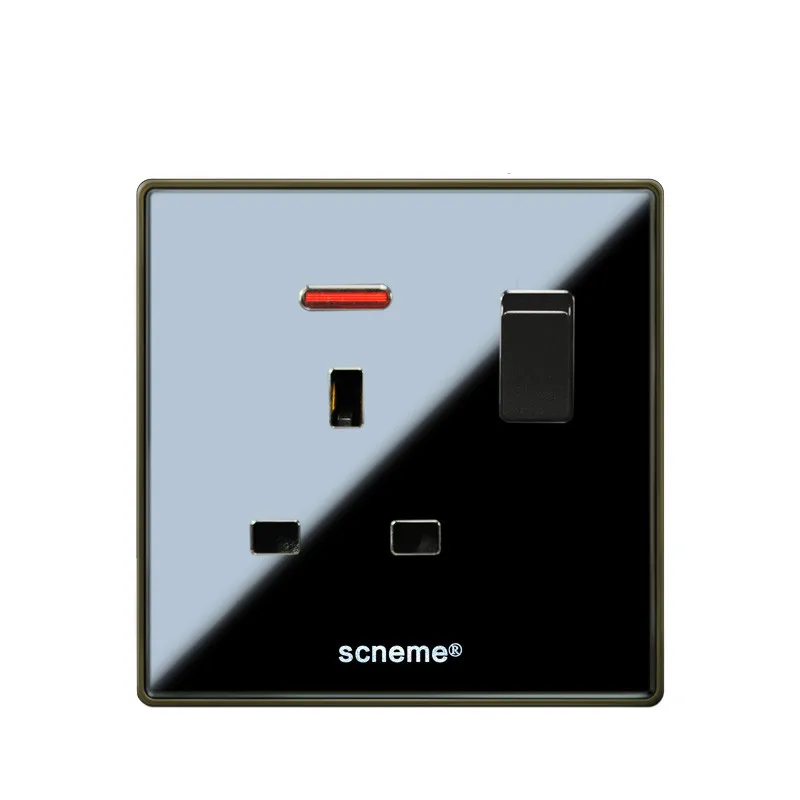 UK Standard 1 Gang Push Button Wall Switch With 13A 3Pin Socket , Black Acrylic Panel outletin