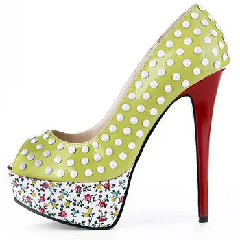 

SHOFOO shoes.Elegant fashion women's shoes , yellow leather, decorative rivets, about 14.5 cm high heel shoes,peep toe pums.