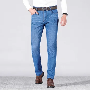 

2019 New Men's Thin Light Jeans Business Casual Stretch Slim Denim Jeans Light Blue Trousers Male Brand Pants Plus Size 28-40