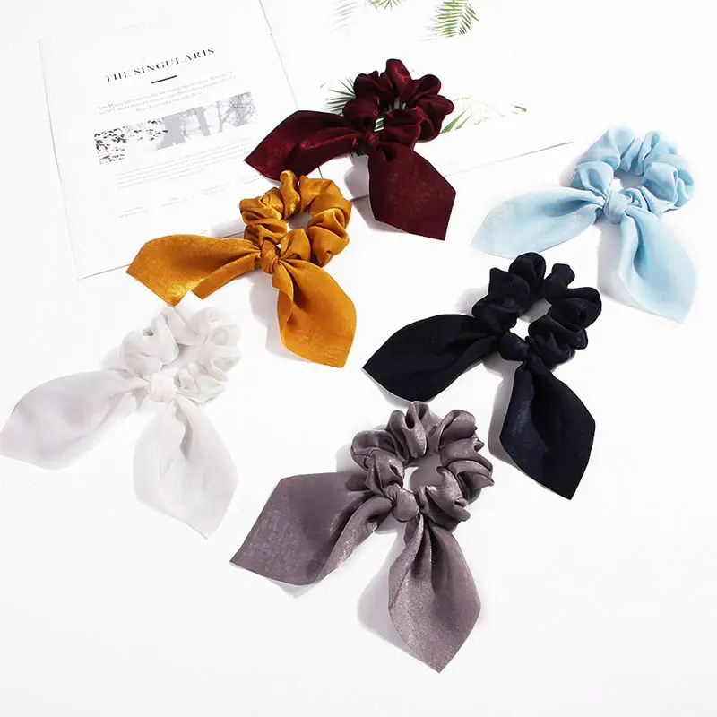 Pure Color Elastic Hair Band Rabbit Ear Bow Pearl Hair Rope Satin Ponytail Scrunchie Hair Tie For Women Headband Hair Accessorie