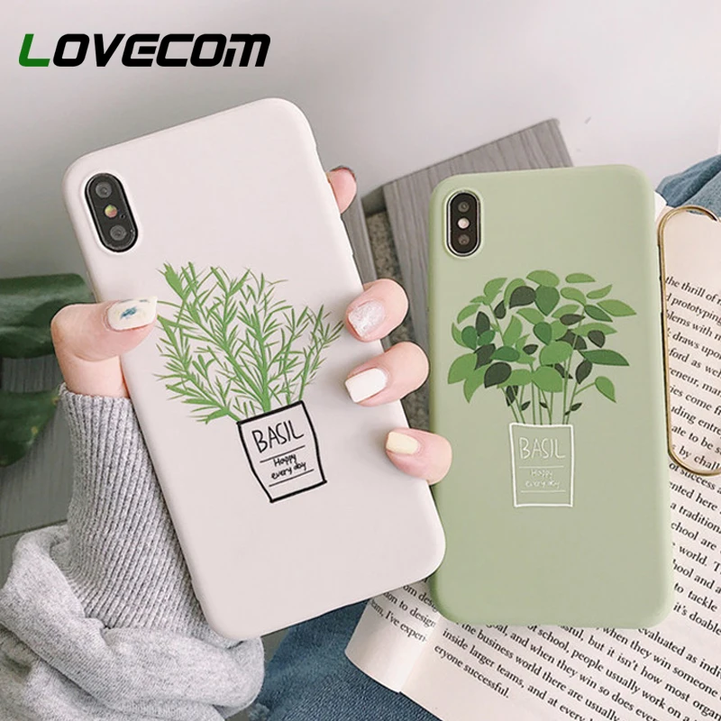 

LOVECOM Cute Green Plant Letters Phone Cases For iPhone XR XS Max 6 6S 7 8 Plus X Soft TPU Full Body Back Cover Coque Funda Gift