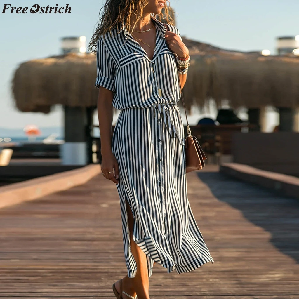 

FREE OSTRICH women's fashion striped print long-sleeved V-neck Blouse Female casual loose belt Ladies long shirt plus size tops