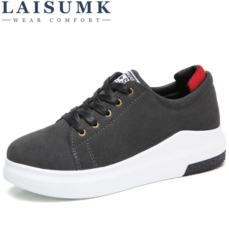 

LAISUMK Women Platform Sneakers Shoes Flats Women Suede Leather Lace up Black Moccasins Ladies Old school Sneaker Fashion Shoes