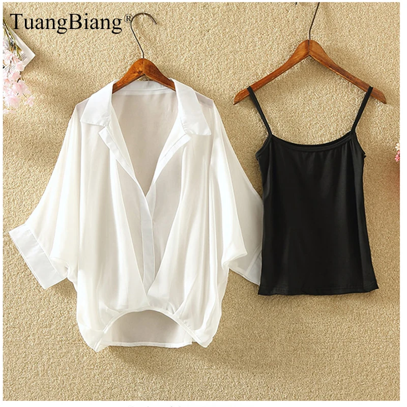 

Ladies 2019 Two piece set Plus Size Chiffon Shirts Summer Half Sleeve Loose V-Neck Women Casual Blouse Autumn Sexy Cool Tops