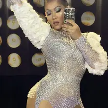 Супер жемчуг стразы цветок боди сексуальное представление певица трико одежда для сцены день рождения танцевальная одежда стрейч наряд