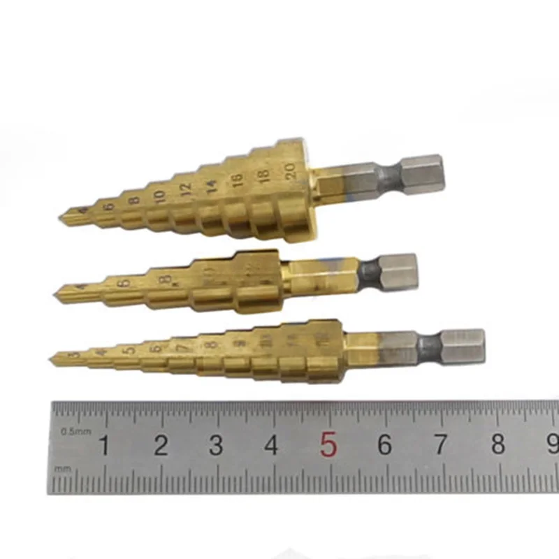 

3pcs Hss Steel Titanium Step Drill Bits 3-12mm 4-12mm 4-20mm Step Cone Cutting Tools Steel Woodworking Wood Metal Drilling Set