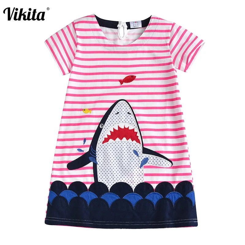 VIKITA летние платья с вышивкой для маленьких девочек; детское платье наивысшего качества с героями мультфильмов с аппликацией фламинго, Единорога; платья с короткими рукавами